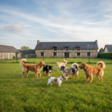 Plusieurs chiens jouant ensemble dans le parc d'une pension canine en Seine-Maritime (76), Normandie
